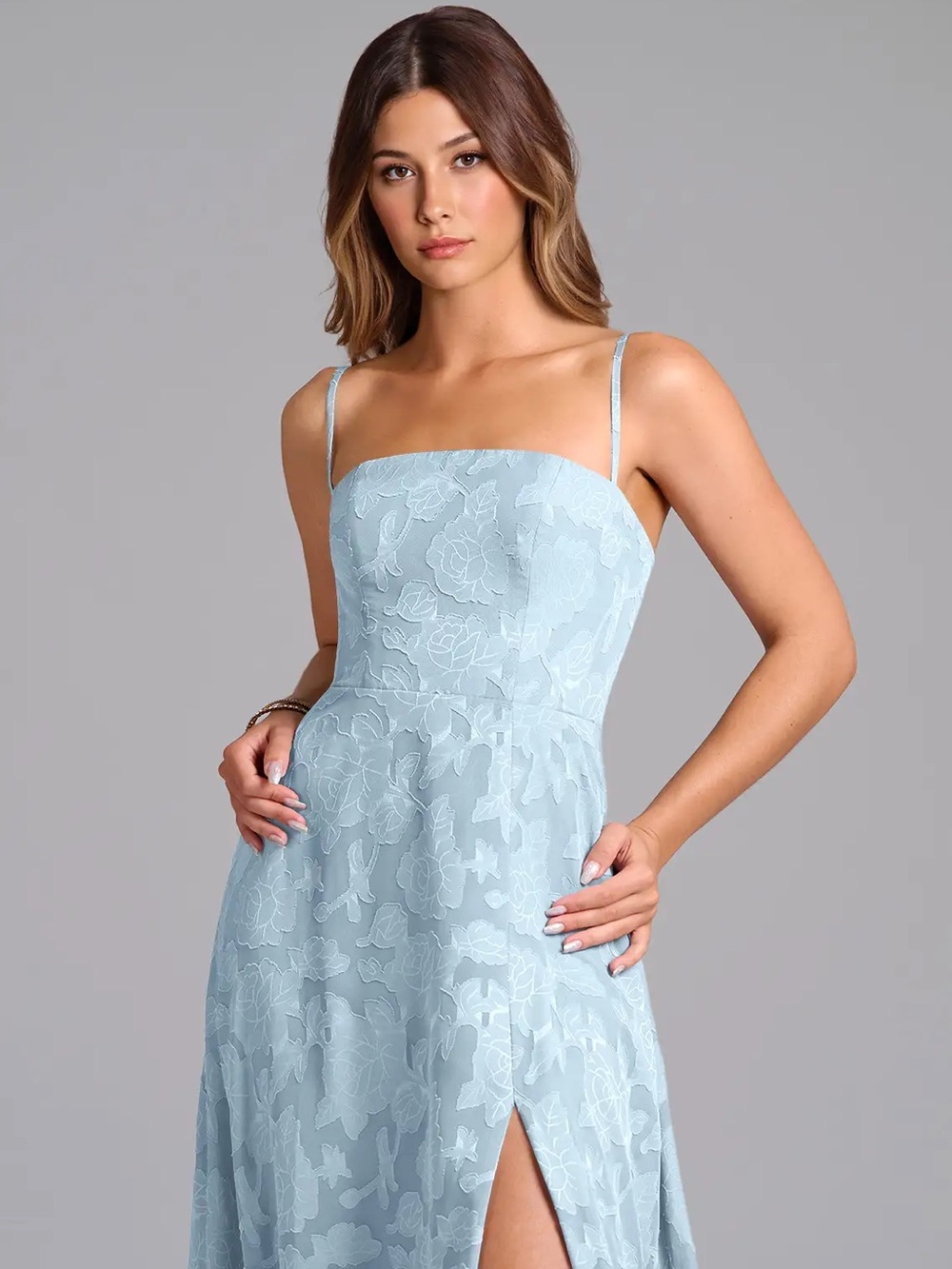 Azazie Sky Blue Wren A-Line Strapless Floral Burnout Wedding Dress
